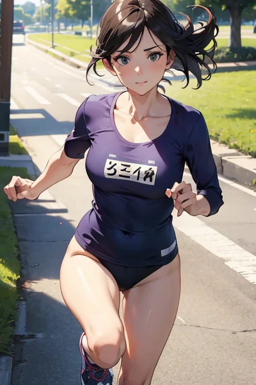 ((best quality)), ((masterpiece)), (detailed), (((perfect face))), ((slender  girl running on path)), (((wearing short black cycling shorts))), ((medium breasts)), ((brunette)), ((ponytail)), ((((topless)))), (((blue eyes))), ((shy:1.3)), ((blushing:1.5)), ((skinny thighs)), ((skinny hips)), (((girl looking away))), ((bare stomach)), ((bare arms)), ((bare shoulders)), (((lane of trees))), (((buildings in distant background)))