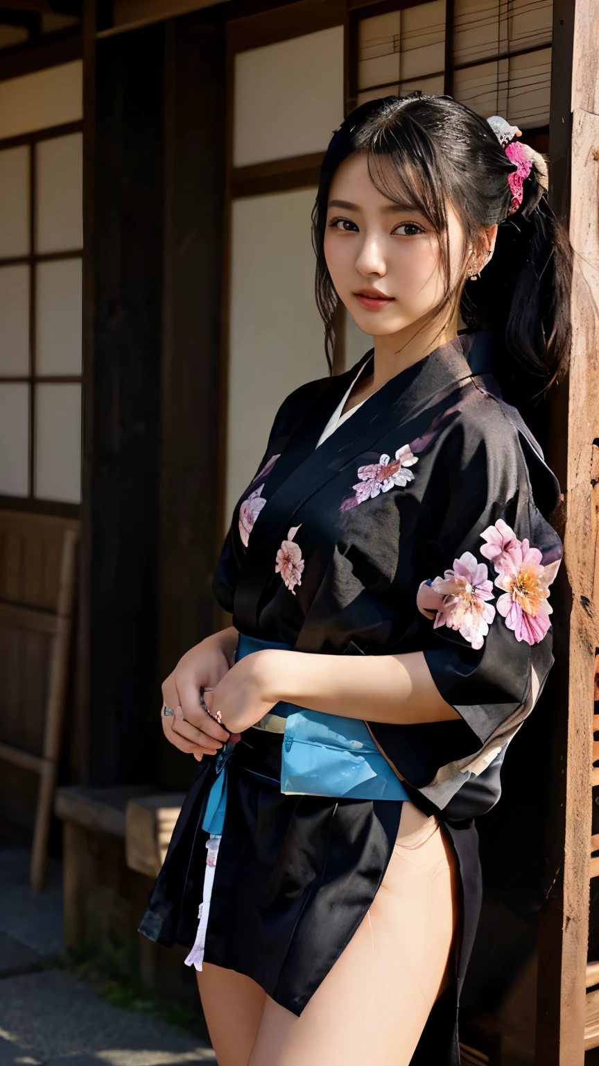 NSFW、最high quality、high quality、best image quality、8K、最High resolution、High resolution、最high quality、masterpiece、realistic pictures、RAW photo、realistic atmosphere、(detailed face)、(fine hands、thumb１reference４)、(beauty of japan )、very nice face、cute face、((beautiful japanese girl))、(woman), ((18 year old beautiful girl))、(glossy black hair)、(straight long hair)、(ponytail)、whole body、slim style、(shiny skin)、(Fair skin, Glossy skin)、real human skin、realistic human body structure、perfect body， perfect face， perfect hands， perfect fingers， perfect lips， perfect eyes，perfect teeth、perfect background， perfect atmosphere，look at the camera、 natural soft light、samurai kimono、maiko kimono、servant、geisha kimono、japanese kimono、japanese traditional、In front of a samurai residence in Japan、((transparent random color(floral samurai kimono、side slit hakama))、((Poses with emphasis on the thighs))