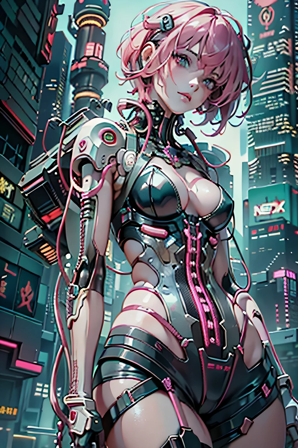 better quality, masterpiece, ultra high resolution, ((realistic: 1.4), RAW photo, (1 beautiful woman),(middle aged), alone, Pink bob hair, huge breasts, huge ass, thighs, (Super realistic details)), global illumination, Shadow, octane rendering, 8K, super sharp,exposed face, Metal, intricate decorative details, egypt details, very intricate details, realistic light, Trends in CG society, in front of the camera, neon details, mechanical limbs, blood vessels connected to tubes, mechanical vertebrae attached to the back, mechanically attach the cervical vertebrae to the neck, Wires and cables connecting to the head, Evangelion, Small Bright LED Bulb, (cowboy shot),(Stunning cyberpunk cityscape in the background),cyberpunk anime art, cyberpunk anime art, anime character; full body art,Changes from Cyberpunk, Digital Cyberpunk - Anime Art, Digital Art Cyberpunk Anime, Cyberpunk weapons, Cyberpunk themed art, cyberpunk artスタイル,Experienced Cyberpunk Anime Man, cyberpunk art