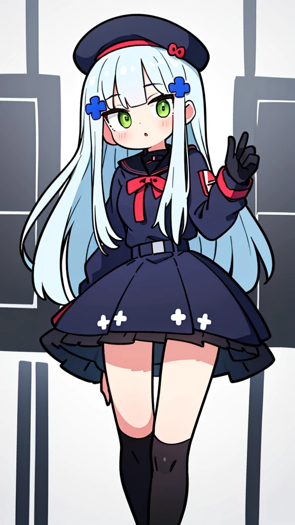 ((HK416)),(Arknights), masterpiece, toned, 8k wallpaper, beautiful Clothes, Beautiful Lips, skirt, Blue Clothes, long hair, stockings, green eyes, hat, (colorfull), beautyfull girl