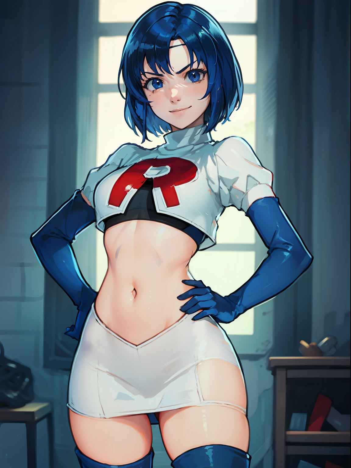 face of Catria (Fire Emblem), short hair, blue hair, 1girl,team rocket,team rocket uniform, red letter R, white skirt,white crop top,black thigh-highs,black elbow gloves, evil smile, hands on hips