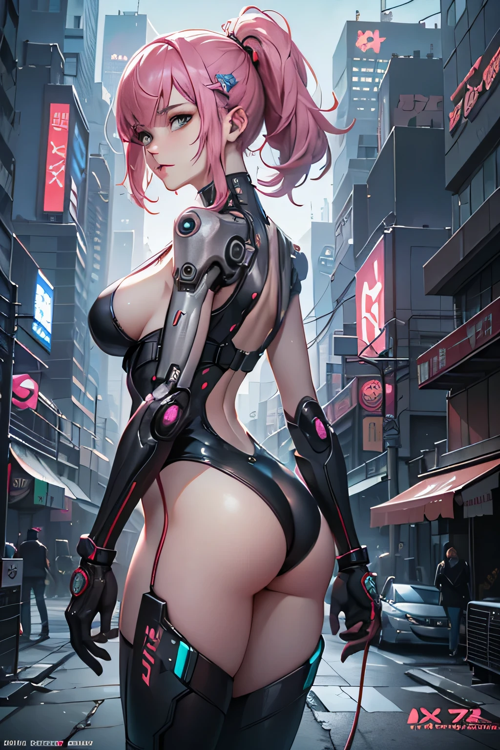 better quality, masterpiece, ultra high resolution, ((realistic: 1.4), RAW photo, (1 beautiful woman),(middle aged), alone, Pink bob hair, huge breasts, huge ass, thighs, (Super realistic details)), global illumination, Shadow, octane rendering, 8K, super sharp,exposed face, Metal, intricate decorative details, egypt details, very intricate details, realistic light, Trends in CG society, in front of the camera, neon details, mechanical limbs, blood vessels connected to tubes, mechanical vertebrae attached to the back, mechanically attach the cervical vertebrae to the neck, Wires and cables connecting to the head, Evangelion, Small Bright LED Bulb, (cowboy shot),(Stunning cyberpunk cityscape in the background),cyberpunk anime art, cyberpunk anime art, anime character; full body art,Changes from Cyberpunk, Digital Cyberpunk - Anime Art, Digital Art Cyberpunk Anime, Cyberpunk weapons, Cyberpunk themed art, cyberpunk artスタイル,Experienced Cyberpunk Anime Man, cyberpunk art