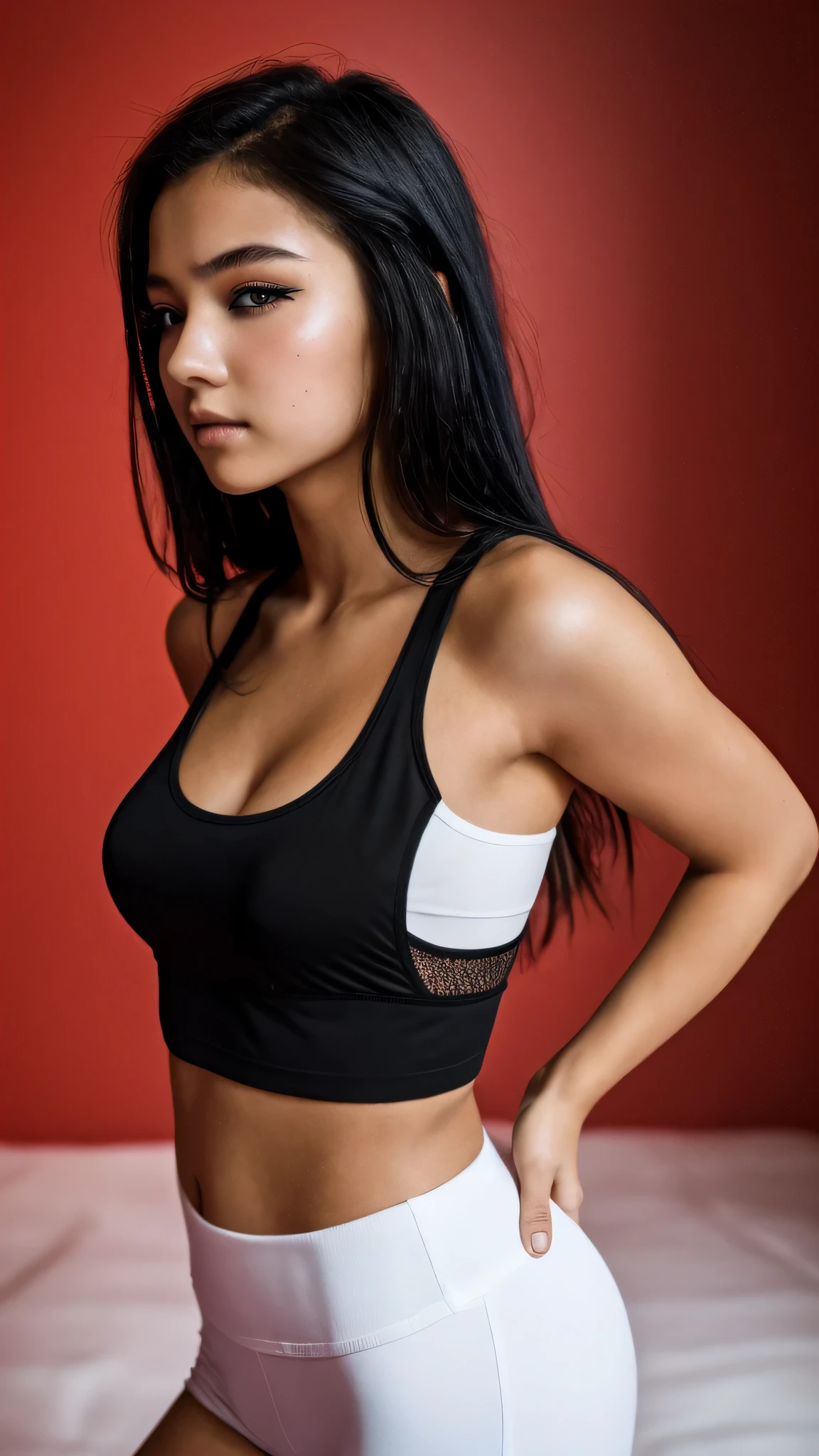 最high quality、best image quality、masterpiece、age girl((18-year-old、 By becoming、vest bust、medium bust,wide open breast tea、black eye, black hair、long hair、thin,highest valley、cute makeup、red sports bra、Black sports pants)),high quality、beautiful art、background((white room)),debris flies、Depth of written boundary、movie、visual art、perfect art、8K,genuine