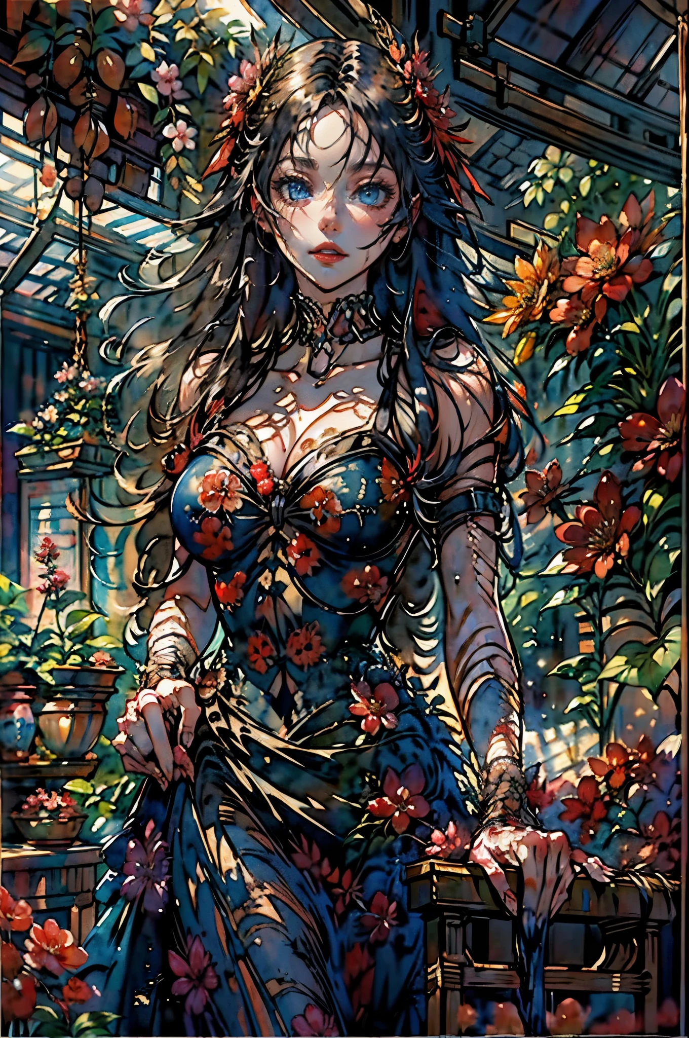 ( water color art: 1.5) Watercolor Artwork, high details, best quality, 16k, RAW, [best detailed], masterpiece, best quality, (extremely detailed), full body, ultra wide shot, photorealistic, dark fantasy art, goth art, RPG art, D&D art, a picture of a dark female fairy showing flowers in a florist shop, extremely beautifil fairy, ultra feminine (intense details, Masterpiece, best quality), best detailed face (intense details, Masterpiece, best quality), having wide butterfly wings, spread buterfly wings (intense details, Masterpiece, best quality), dark colors wings (intense details, Masterpiece, best quality), black hair, long hair, shinning hair, flowing hair, shy smile, innocent smile, blue eyes, dark red lips, wearing red skirt, dynamic elegant shirt, chocker, wearing high heels, in flower shop (intense details, Masterpiece, best quality), [extreme many flowers] (intense details, Masterpiece, best quality), dark colorful flowers (intense details, Masterpiece, best quality), flower shop in a dark goth era street background, High Detail, Ultra High Quality, High Resolution, 16K Resolution, Ultra HD Pictures, 3D rendering Ultra Realistic, Clear Details, Realistic Detail, Ultra High Definition