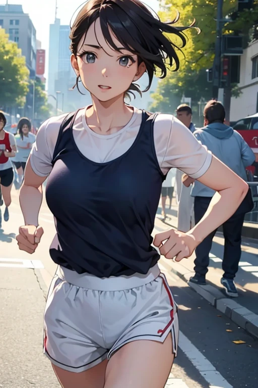 (high resolution, Best Quality:1.2), (40yo:1.8), smile, looking straight, (pigeon toed:1),Anime style illustration of a milf running on an urban street with a large crowd of spectators. The girl has gigantic breast, brown hair in hair over one eye, brown eyes, and is wearing a pink ribbon. Her makeup is natural. She's dressed in a sporty pink and white top featuring a team logo, black pants, white and pink running shoes. Accessories include a sports watch and sunglasses. The background is blurred to emphasize her motion, rendered in vibrant colors for a detailed depiction.
