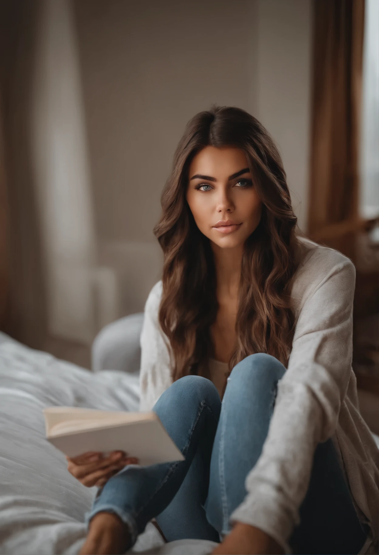 arafed woman in casual nike clothes, reading vogue magazine, with blue eyes, portrait madison beer, brown long hair and large eyes, selfie of a young woman, bedroom eyes, violet myers, without makeup, natural makeup, looking directly at the camera, face with artgram, subtle makeup, stunning full body shot, cleavage