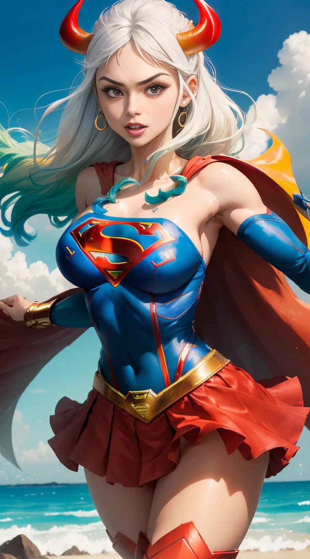 (melhor qualidade:1.3), Supergirl, capa vermelha, S do super-homem no peito, blue swimsuit, Red skirt, botas vermelhas, (demon girl), very huge breasts, sedutora, sexy, cabelo branco com as pontas verde claro, chifre com as pontas vermelho