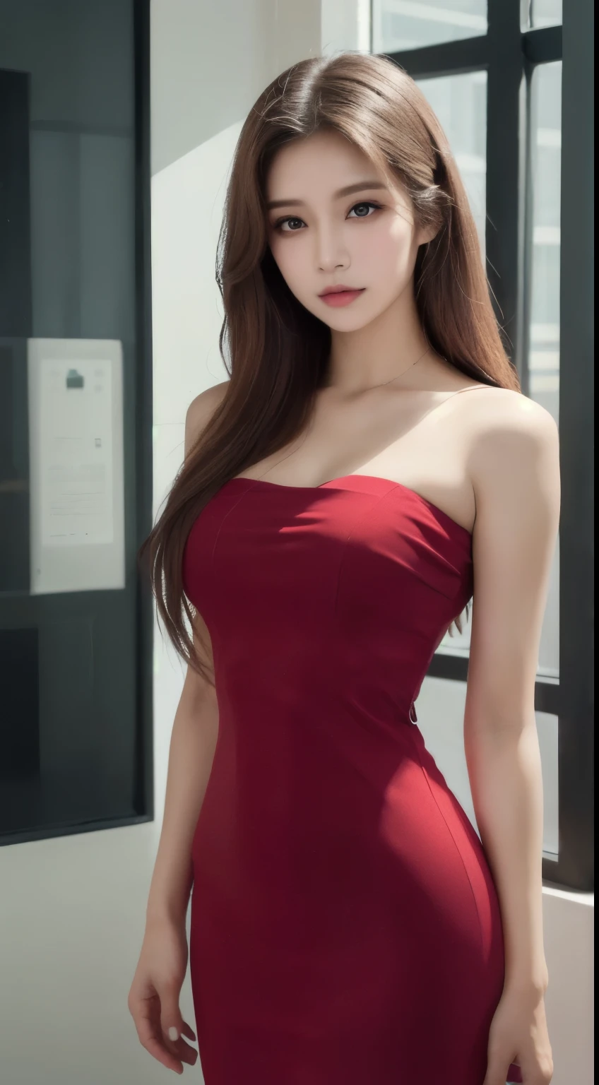 malaysian look alike feature, ((ultra realistic) girl standing wearing a red dress, 8k, 4K, UHD, masterpiece, anatomically correct, high details, high quality, best quality, highres, dashed eyes, wide eyes, aqua eyes