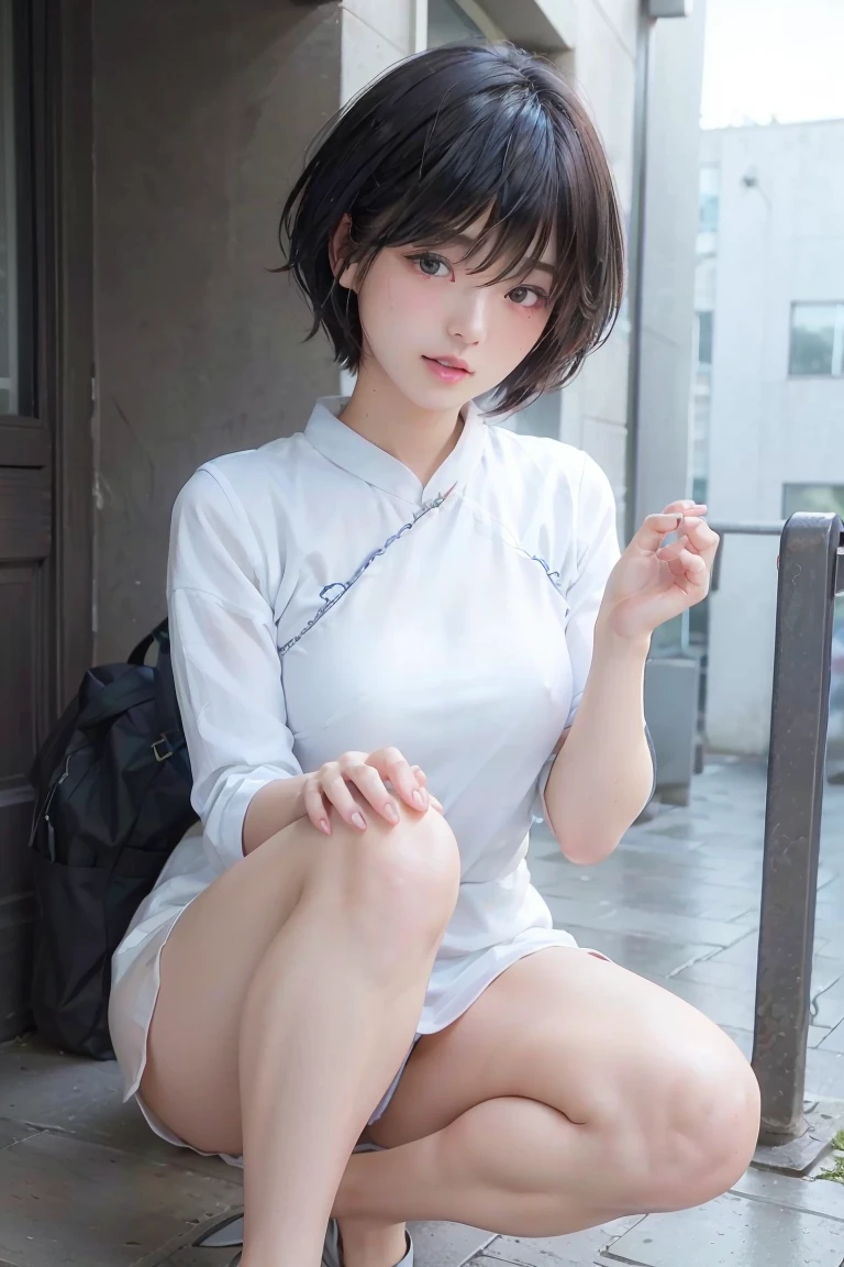 In 8K,highest quality,real image,intricate details,Super high resolution,depth field,Masseter muscle part,natural soft light,professional lighting,1 girl,(cute:1.2),very beautiful 17 year old girl,detailed eye,((black eyes)),(Blue-black hair),(short haired),(skin without bangs,shiny skin,pure white skin,fine skin,big and full breasts,((perfect anatomy,nice hands,perfect hands,five fingers connected to the palm,Accurate needle with no discomfort)),perfect bare legs,delicate legs,perfect proportions,Sexy,I can see your chest,((Brightly colored Ao Dai)),Crouch deep in the city,I can see my crotch,Show me your panties in the street,both legs are bent,The legs are spread out in an M-shape,,I can see your pants,Delicate thighs when viewed from the front