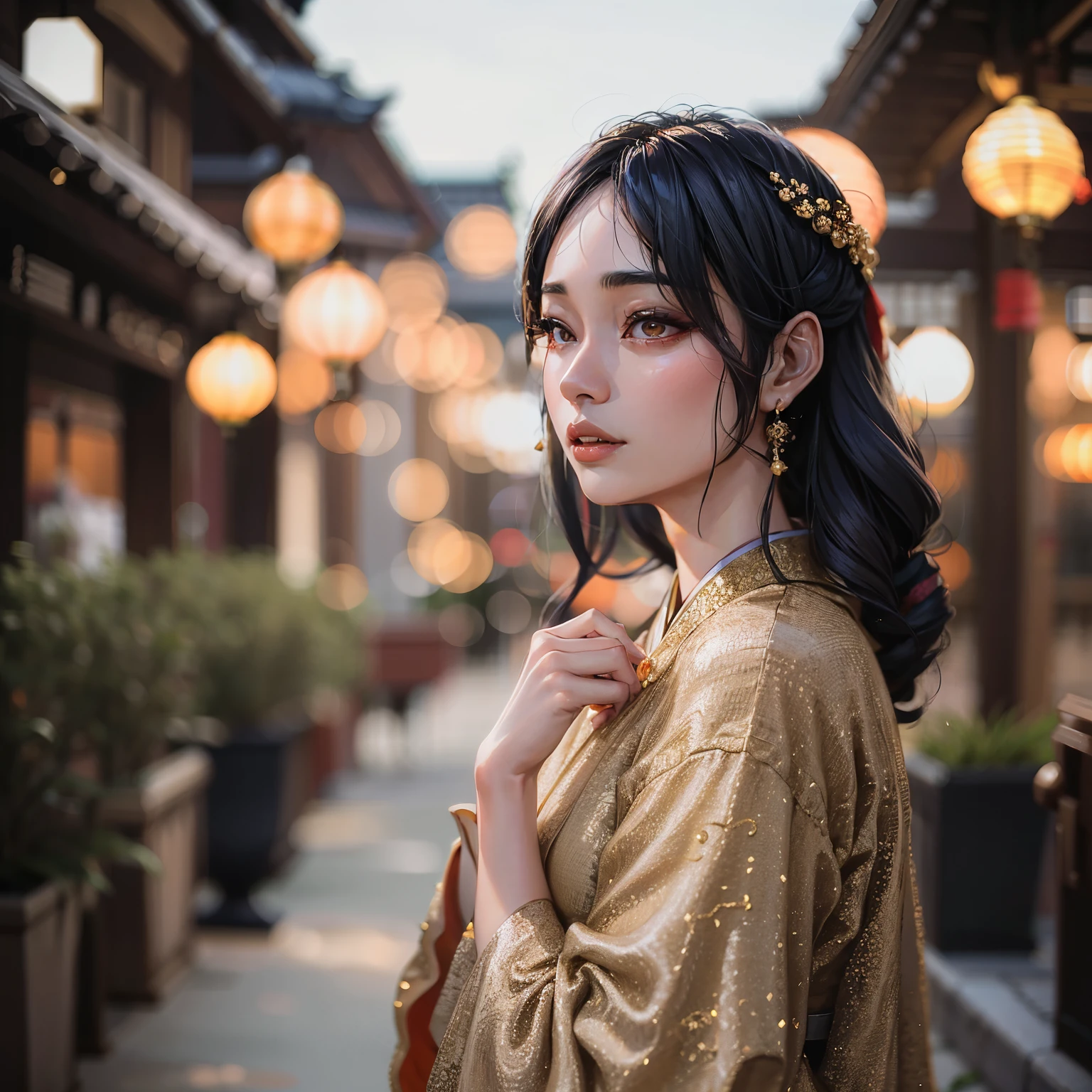 Arav Asian woman in golden dress posing for photo, elegant japanese woman, a young asian woman, Chinese girl, chinese woman, 8k artistic german bokeh, palace ， A girl wearing Hanfu, beautiful young korean woman, an asian woman, beautiful south korean woman, beautiful asian woman, korean woman, beautiful asian girl, beautiful oriental woman。anime style