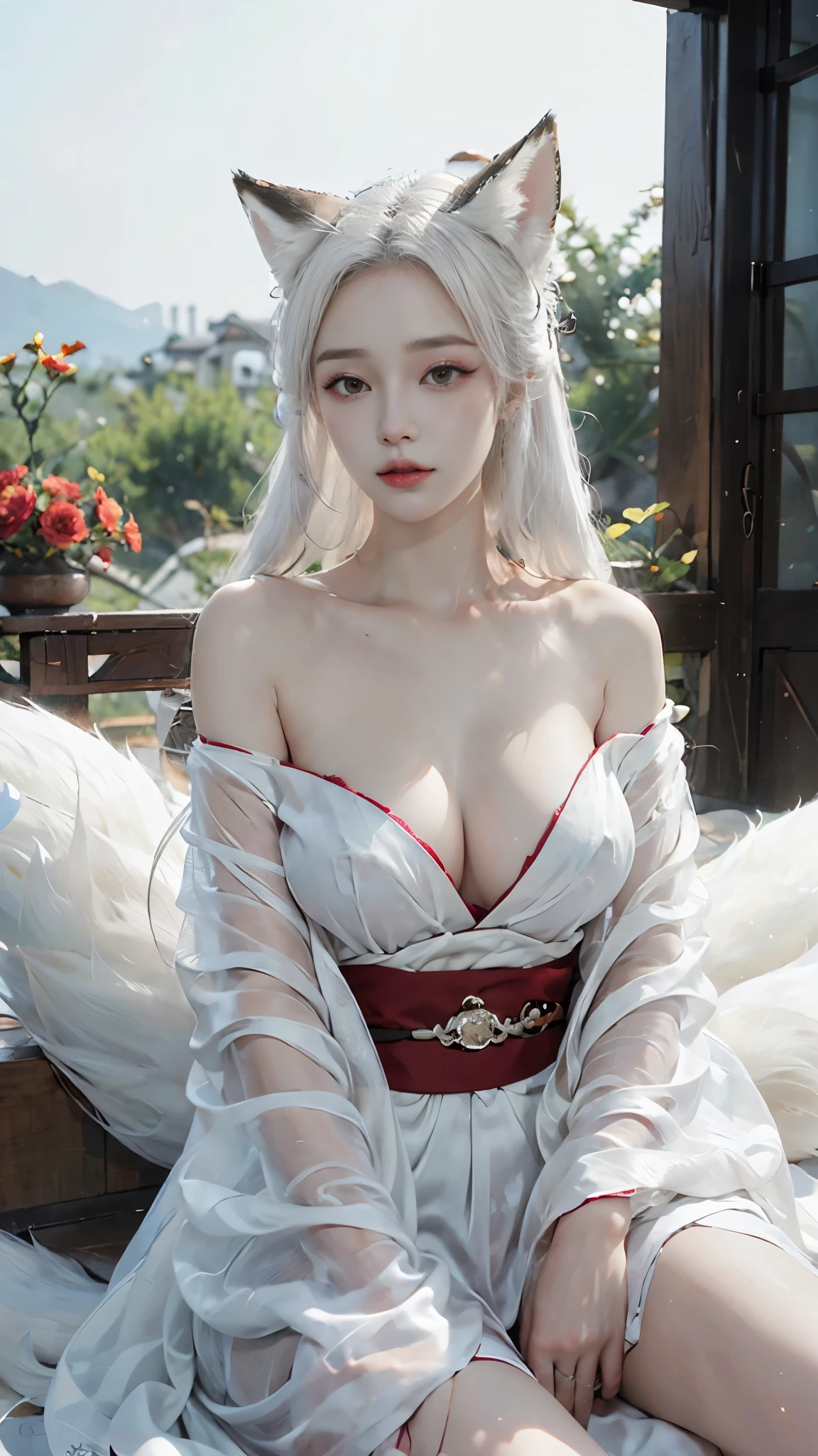 one nine-tailed fox girl wearing a kimono with her chest almost exposed, skin white,pale skin, white kimono, very long white hair, fox ears, nine fox tails, chest almost visible