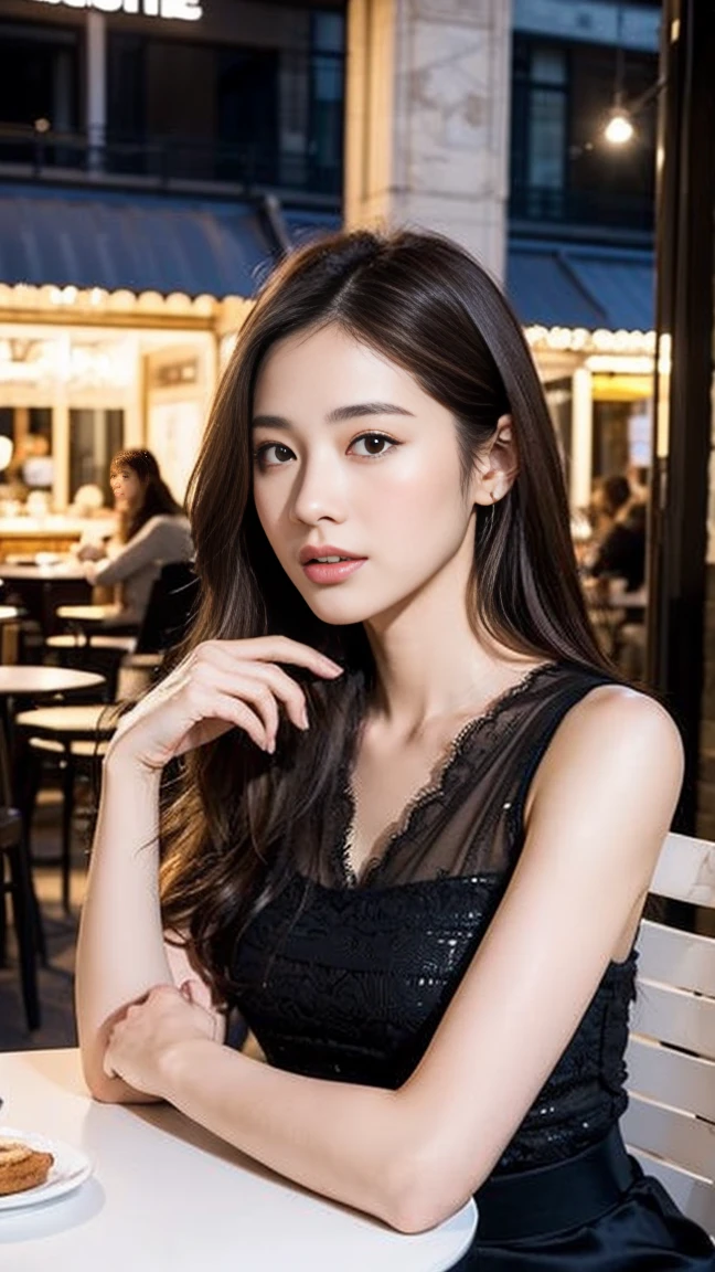 dark brown hair、Light brown eyes、Japanese actress face、 Lady、looks like him;I'm about 40 years old、(intricate-detail:1.2)、(top-qual:1.4)、 (Super high resolution:1.2)、Super high resolution、(A detaled eye)、(detailed facial features)、ticker、8K resolution、D-cup size breasts、length hair、I am sitting on a chair on the terrace of a cafe with a view of the CELINE shop in Paris at night in the background.、Cafe terrace at night、full body photo、Photographed from head to toe、