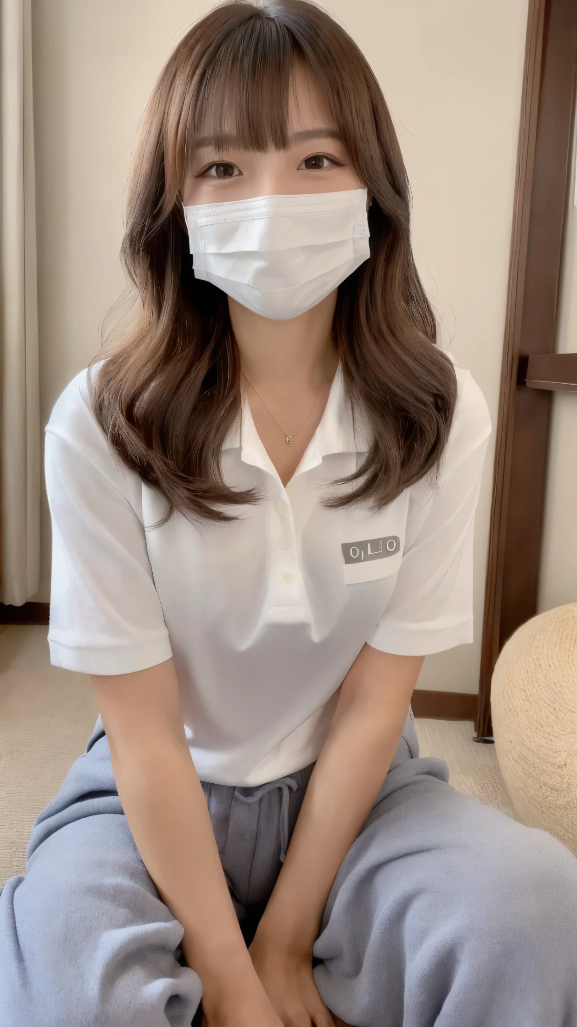 front、looking at the camera、Close-up、((Bright Smile 1.6⦆4K、RAW photo、photorealistic stick、High resolution、Cute 20 year old woman in Japan , face like an idol、⦅Tanned skin 1.6⦆blonde、With bangs、long hair、curly hair、 solo、Cute Real Photo Girl、polo shirt、Chinos、Inside the nursing home、Wearing a white mask