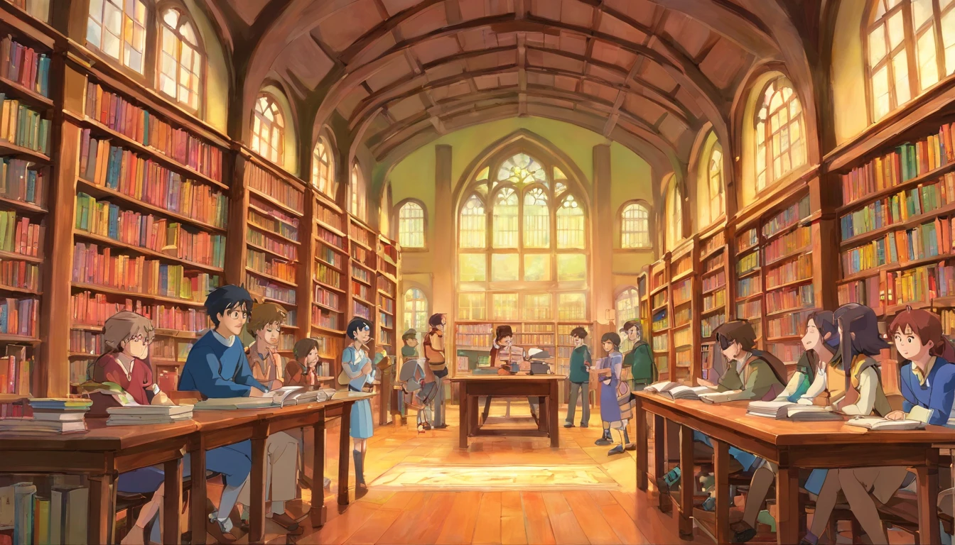 A detailed and realistic image showcasing a group of students engaged in a lively discussion in a school library, surrounded by shelves of books, as they exchange ideas and expand their knowledge through conversation and collaboration