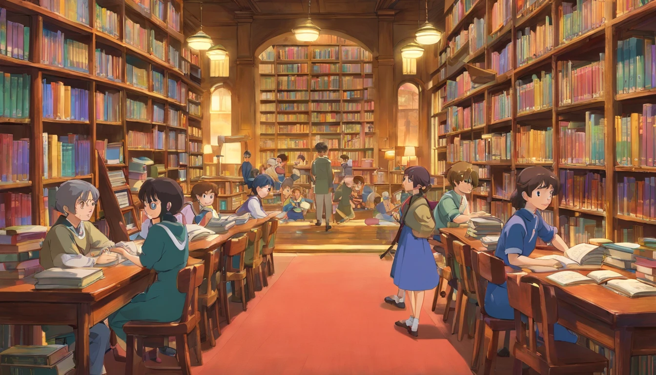 A detailed and realistic image showcasing a group of students engaged in a lively discussion in a school library, surrounded by shelves of books, as they exchange ideas and expand their knowledge through conversation and collaboration