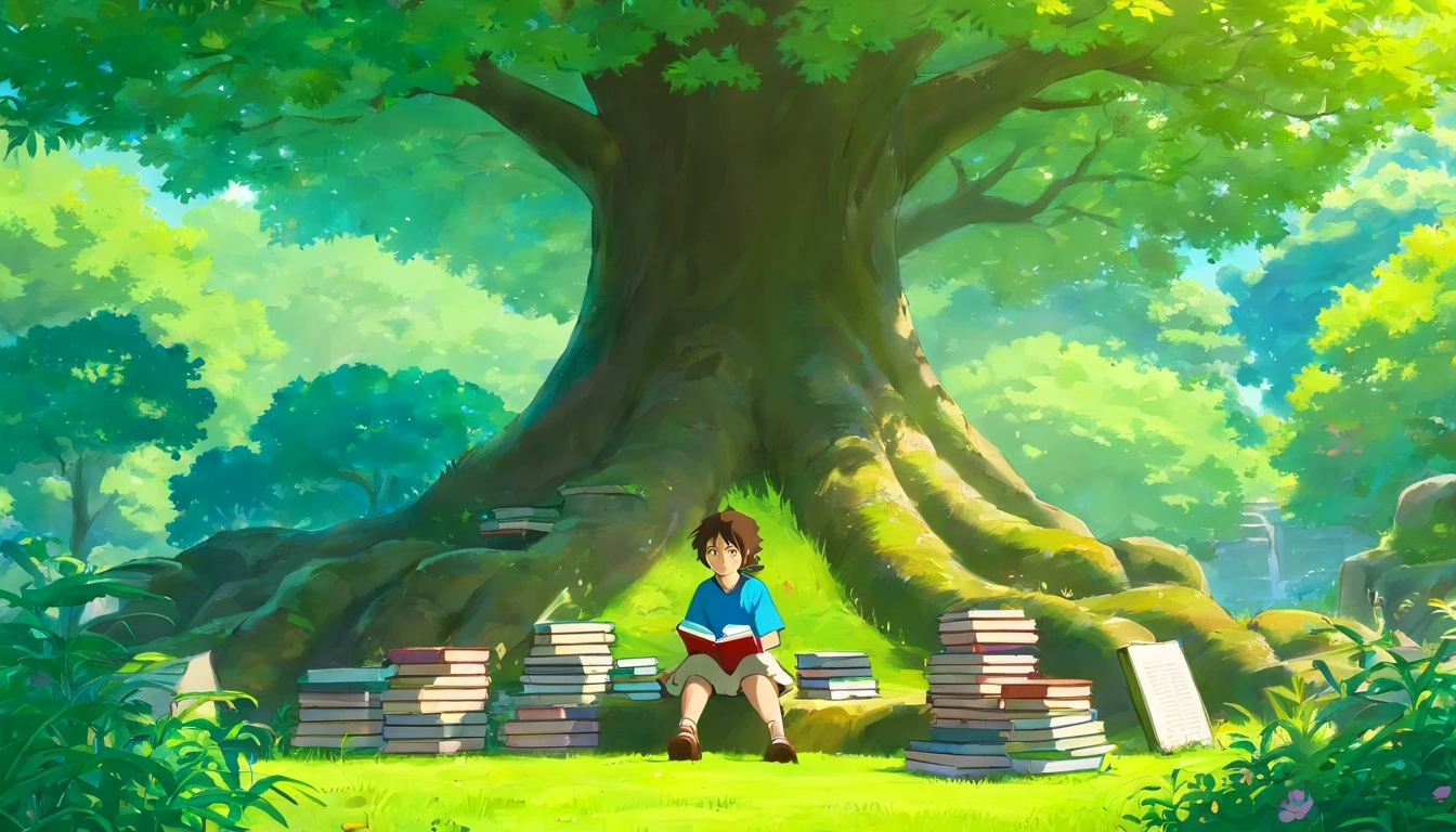 An artistic representation of a student sitting under a tree in a peaceful outdoor setting, with a stack of books and a notebook beside them, immersing themselves in studies while enjoying the beauty of nature, highlighting the idea of learning beyond the classroom walls