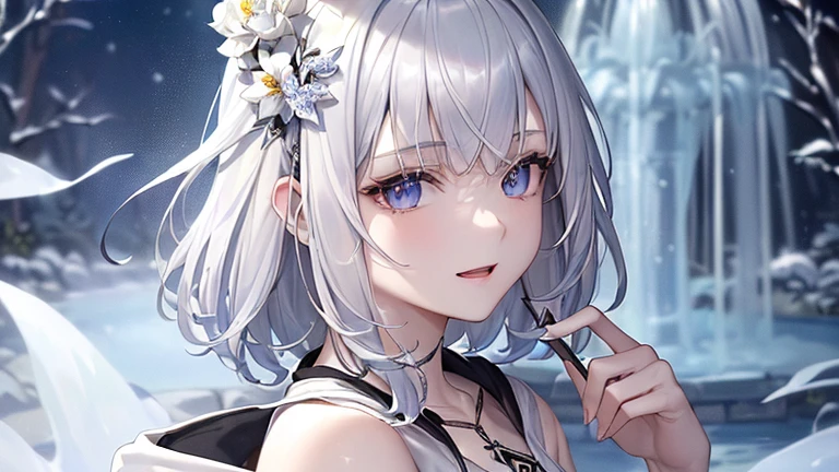 High definition RAW color art, animation,sculpture, Silver Marble Skin, (((Ultra detailed elegant))), magical atmosphere, (fine skin, texture (intricately detailed, small details, Super detailed), crimson moonlight, written boundary depth, super high quality, with a girl, 20-year-old, very short hair, long bangs between the eyes, pale blue eyes , blue sky, sunlight, very detailed,(masterpiece、highest quality)、alone、gray hair、laughter、White skin as clear as snow、fantasy, silver hair, black eye, beautiful eyes,, ecstasy, charm, be smitten with audience, landscape shorts、white hoodie、Hoodie with open front、black shirt、fountain in the forest、flower garden