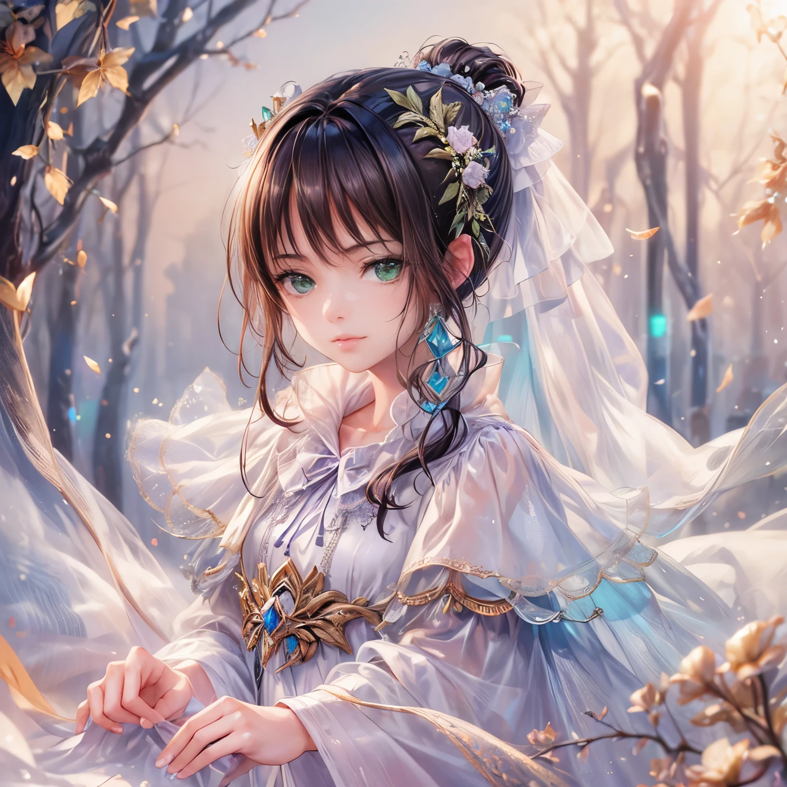 (highest quality:1.4),(masterpiece:1.4),super detailed,8K,cg,exquisite,Upper body,Lonely,thumb girl,green eyes, Little Princess,flowing coat dress,garden background,detailed facial features,long curly hair,Almond Eyes,Delicate eye makeup,long fluttering eyelashes,Sparkling starry eyes,and a starry gaze, intricate lip details,soft and harmonious style.