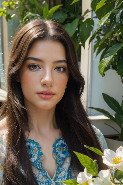 (best quality,4k,8k,highres,masterpiece:1.2),ultra-detailed,(realistic,photorealistic,photo-realistic:1.37),young woman, beautiful detailed eyes, beautiful detailed lips, extremely detailed face, long eyelashes, vibrant hair, porcelain skin, graceful smile, elegant attire, confident posture, natural sunlight, soft shadows, golden hour lighting, outdoor garden setting, colorful flowers, lush foliage, subtle breeze, intricate details, fine brushwork, oil painting style, vivid colors, lifelike textures, captivating gaze, dreamy atmosphere.