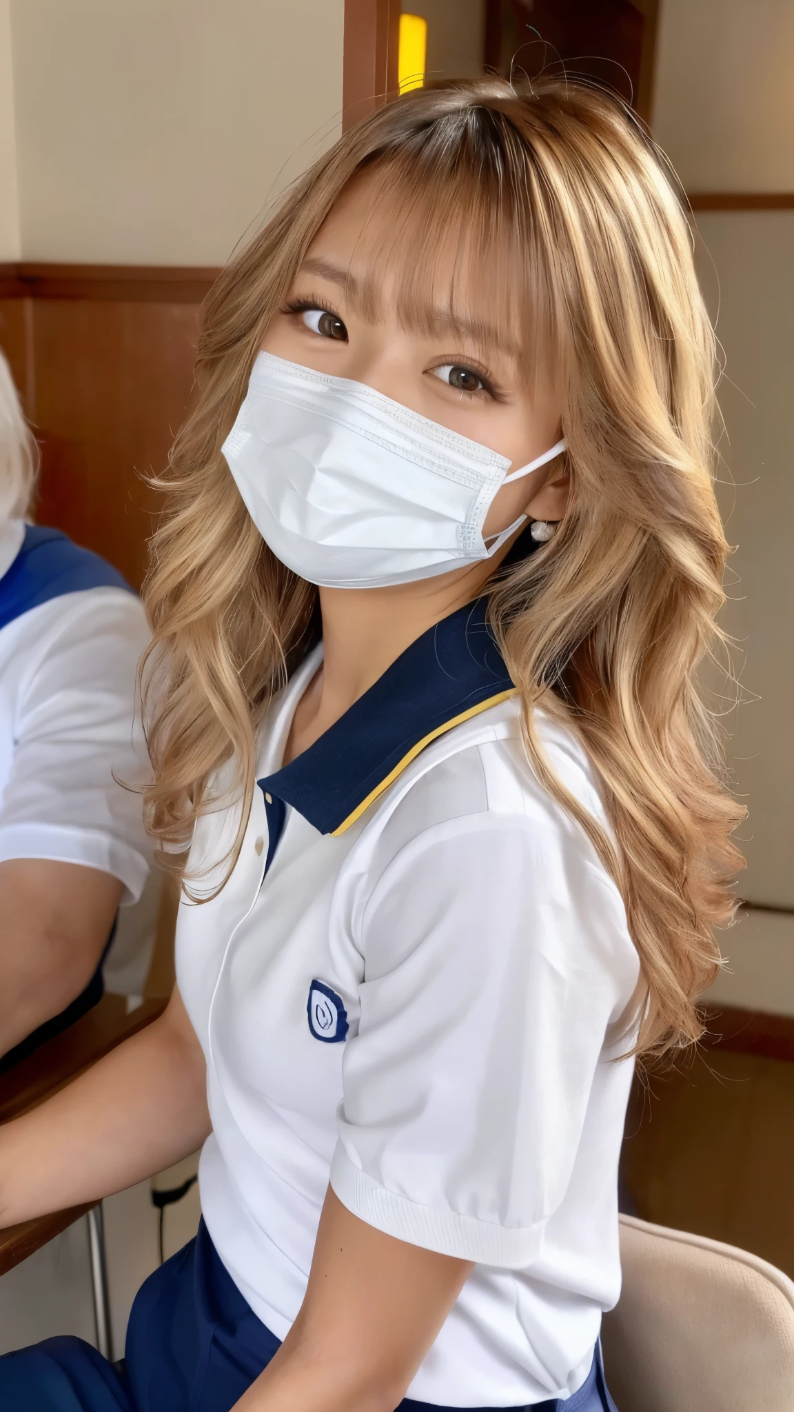 front、looking at the camera、Close-up、((Bright Smile 1.6⦆4K、RAW photo、photorealistic stick、High resolution、Cute 20 year old woman in Japan , face like an idol、⦅Tanned skin 1.6⦆blonde、With bangs、medium hair、curly hair、 solo、Cute Real Photo Girl、polo shirt、Chinos、Inside the nursing home、Wearing a white mask