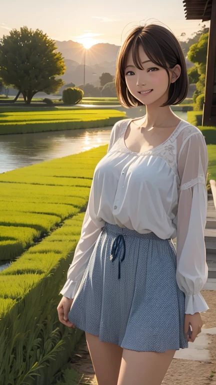 rice field,sun rise, river