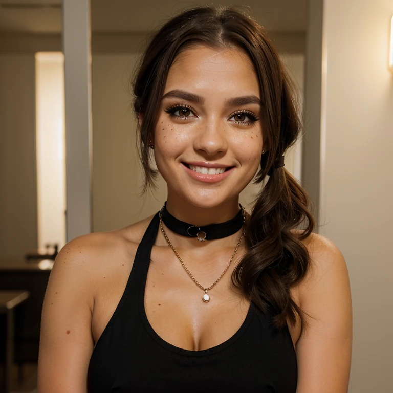 Jessica Degg short chubby face brunette long ponytail straight hair Caucasian freckles fake tan eyelashes dark eyes eyeshadow make up smiling jewellery short chains black scrubs