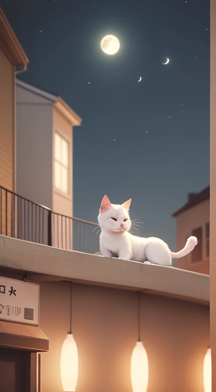 A white cat as a symbol of day and sweet dreams soars in the night sky over the sleeping city