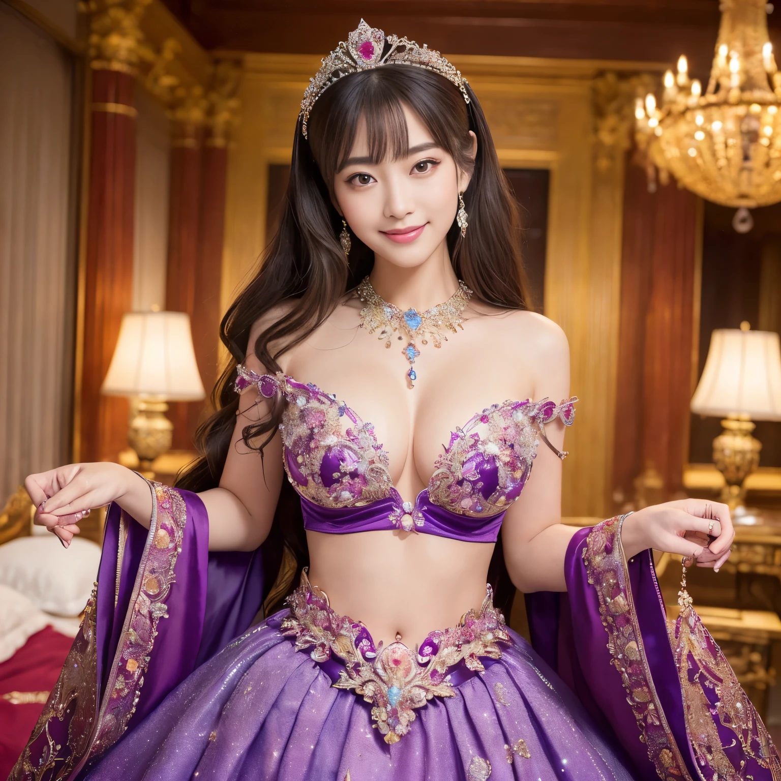 (((highest quality, debris flies, ultra high resolution、the most complex and detailed depiction、Awards, 8K、bright and vivid)))、((1 Japanese cute prostitute princess、slim and toned waist、accurate anatomy、perfect human structure、Ultimate luxury with everything you can imagine、accurate anatomy、The most luxurious prostitution costumes in purple and red,Purple and red courtesan princess costume,、The most detailed and luxurious luxury princess room,shine intricately,purple and red sparkle,Front fixed,The best smile staring at the camera,Please smile big,Smile affectionately at me、upper body photo)),((The most gorgeous and luxurious princess room、highest qualityの紫と赤のコスチューム、large amount of jewelry decoration,The largest giant tiara in the world,detailed jewelry,detailed decoration,Glitter Costume,Lots of sparkling gems、Huge decoration、Huge and intricate high-end costumes、artistic decoration,very detailed decoration,very intricate decoration)),(big and full breasts,get used to it,royal, majestic, queen of courtesans,intricate details,realistic,, front close-up, Upright posture, finely描かれた顔、beautiful face、very delicate and beautiful, very detailed,finely))