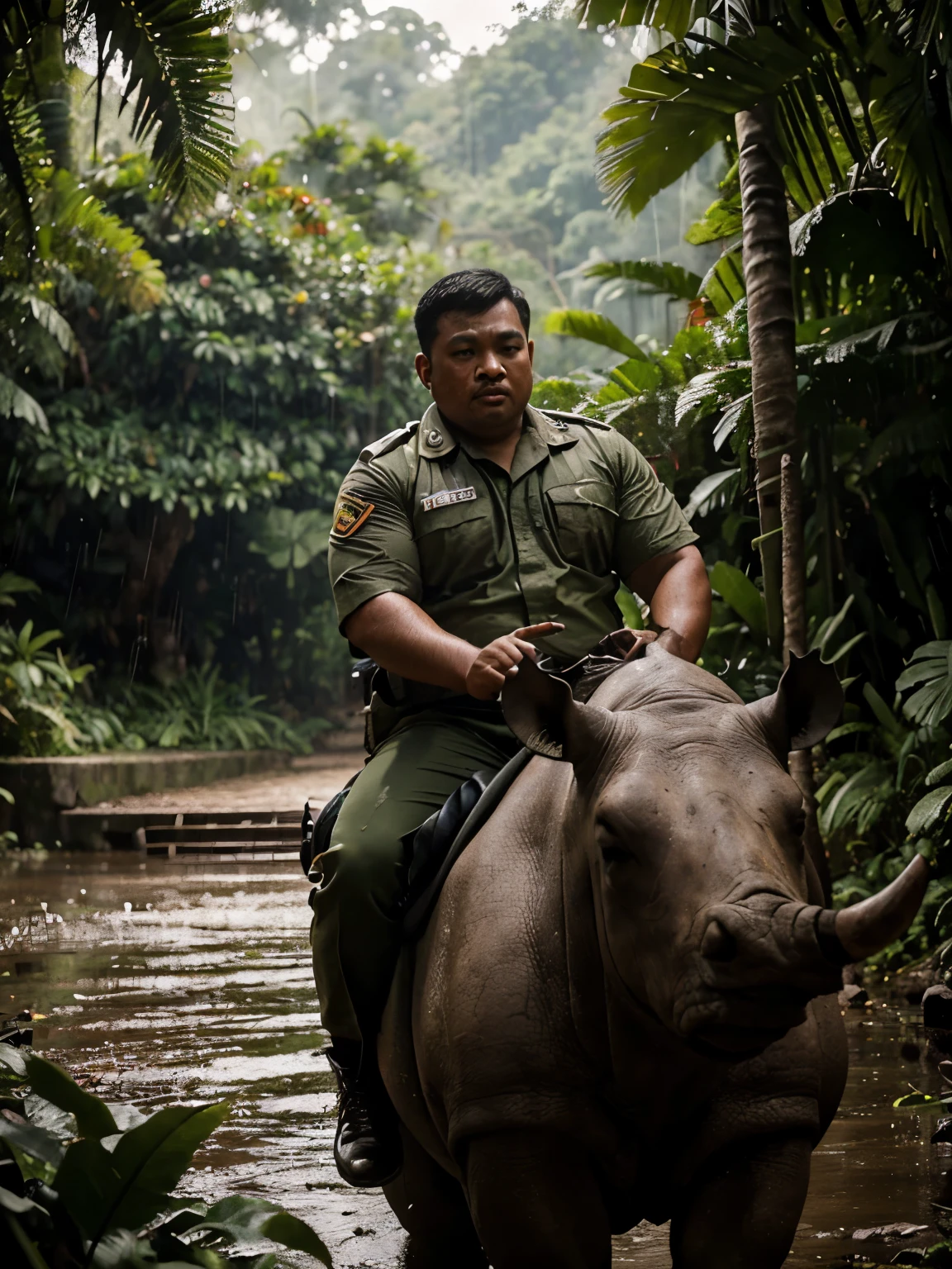Masterpiece, highly detailed, 8k, A chubby malay man in army suit, riding a rhino in the middle of the rain forest jungle, cinematic, Hollywood movie poster style, 
