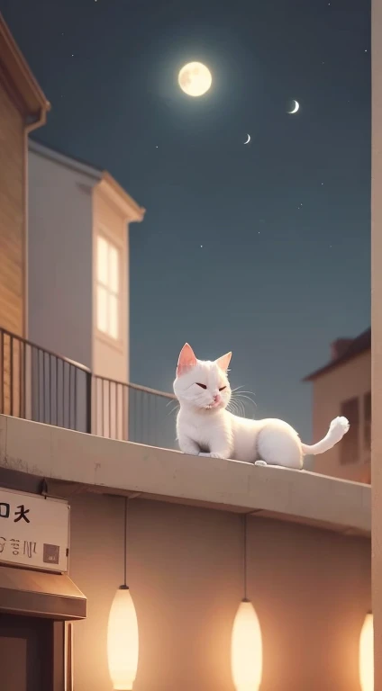 A white cat as a symbol of day and sweet dreams soars in the night sky over the sleeping city