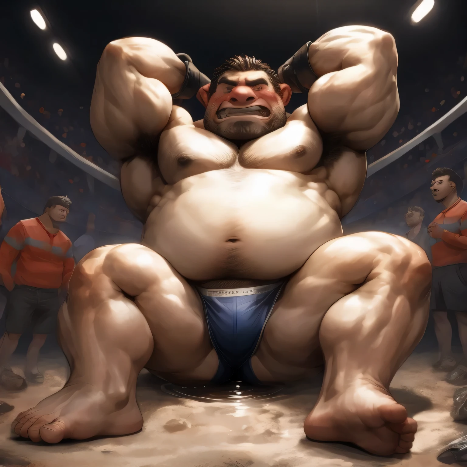 masterpiece,highest quality, At 16K, the fat man is a prisoner, (obesity: 1.0), fatty muscle, His wrists and ankles are tied together with thick handcuffs., Raise the hand, Both arms are handcuffed, captured prisoner, forcibly spread arms, arms above head, stretched his arms upward, sitting on the ground, There&#39;s a small puddle of steaming water under his butt., Incontinence makes underwear transparent, I was incontinent, naked, short legs, bowl leg, spread your legs, Wear a white T-back loincloth, nakedのお腹, naked足, 上半身naked, thin hair, big face man, shy, It&#39;s hard to breathe, stern expression, wince in pain, bright skin tone, round face, vapor, alone,  The background is an underground arena ring., Surrounded by a jeering crowd