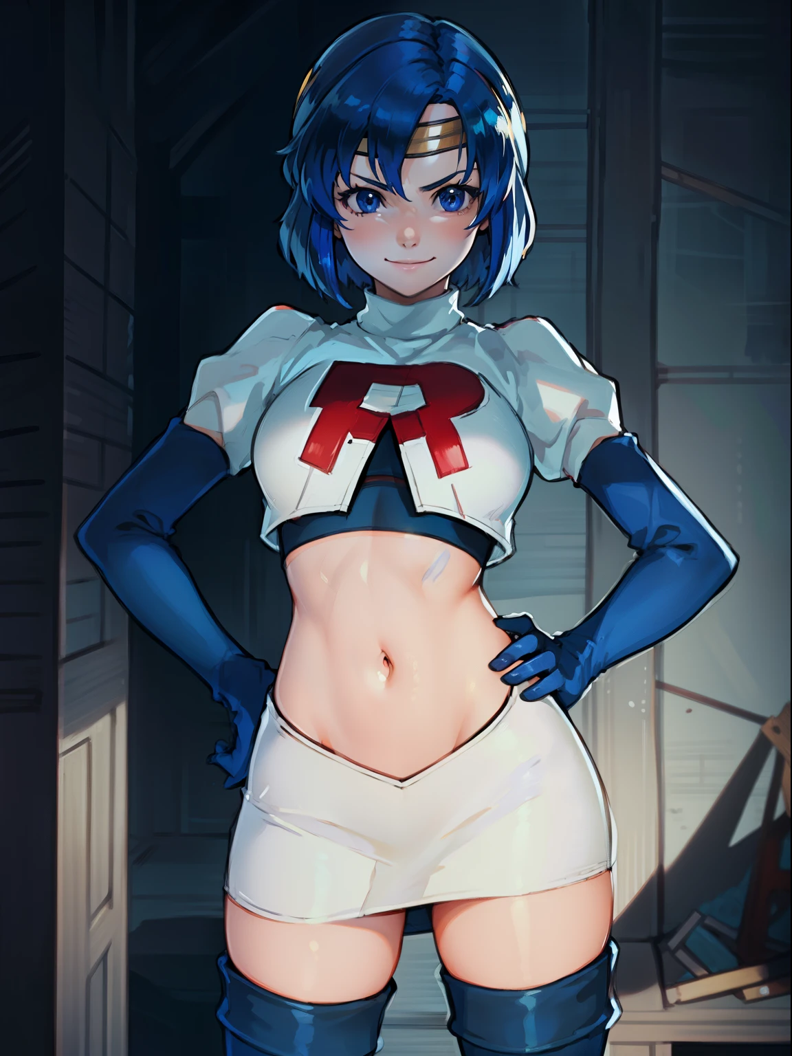 face of Catria (Fire Emblem), short hair, blue hair, headband ,1girl,team rocket,team rocket uniform, red letter R, white skirt,white crop top,black thigh-highs,black elbow gloves, evil smile, hands on hips