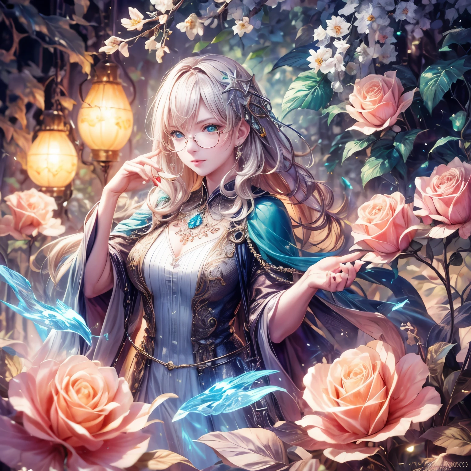 (highest quality:1.4),(masterpiece:1.4),super detailed,8K,cg,exquisite,Upper body,Lonely,thumb girl,green eyes, Little Princess,flowing coat dress,garden background,detailed facial features,long curly hair,Almond Eyes,Delicate eye makeup,long fluttering eyelashes,Sparkling starry eyes,and a starry gaze, intricate lip details,soft and harmonious style., Glasses