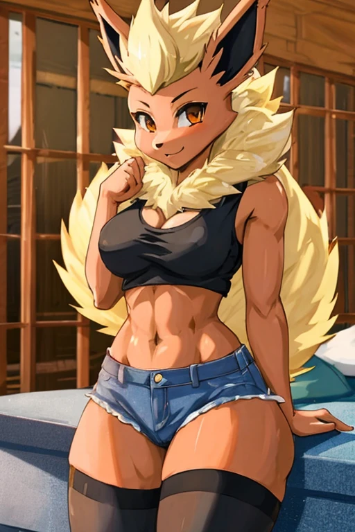 ((Flareon)), anthropomorphic, big boobs, big ass, pokemorph, (((1girl))), (((black cropped tank top))), (denim short shorts), (black flats), full body, cute and sexy, red skin, (white thigh high socks), long legs