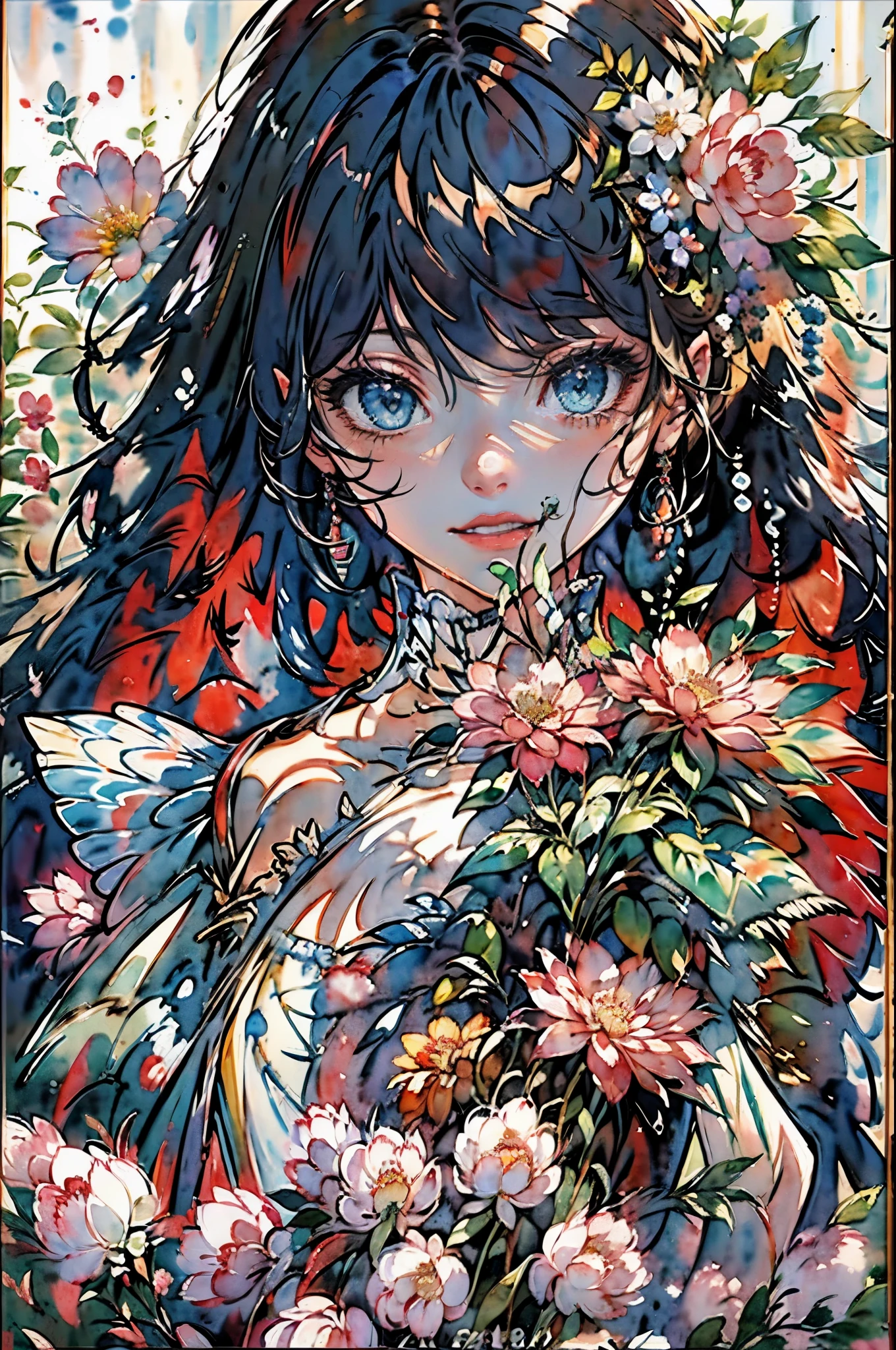 ( water color art: 1.5) Watercolor Artwork, high details, best quality, 16k, RAW, [best detailed], masterpiece, best quality, (extremely detailed), full body, ultra wide shot, photorealistic, dark fantasy art, goth art, RPG art, D&D art, a picture of a dark female fairy showing flowers in a florist shop, extremely beautifil fairy, ultra feminine (intense details, Masterpiece, best quality), best detailed face (intense details, Masterpiece, best quality), having wide butterfly wings, spread buterfly wings (intense details, Masterpiece, best quality), dark colors wings (intense details, Masterpiece, best quality), black hair, long hair, shinning hair, flowing hair, shy smile, innocent smile, blue eyes, dark red lips, wearing red skirt, dynamic elegant shirt, chocker, wearing high heels, in flower shop (intense details, Masterpiece, best quality), [extreme many flowers] (intense details, Masterpiece, best quality), dark colorful flowers (intense details, Masterpiece, best quality), flower shop in a dark goth era street background, High Detail, Ultra High Quality, High Resolution, 16K Resolution, Ultra HD Pictures, 3D rendering Ultra Realistic, Clear Details, Realistic Detail, Ultra High Definition