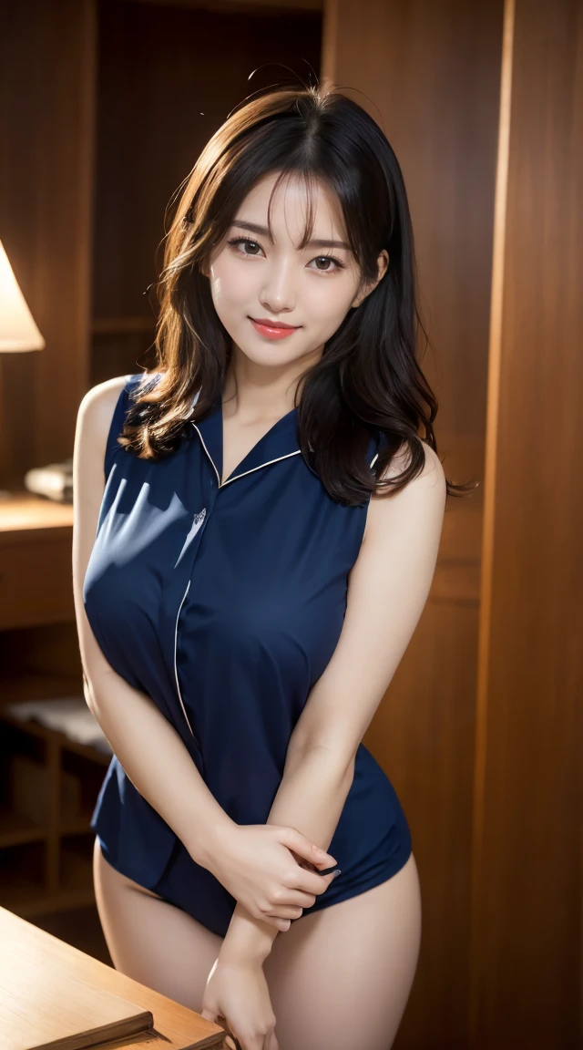 (((オフィスレディ、OL、office lady、formal clothes、navy vest,navy blouse)))、(((navy blouse)))、 (((horseshoe-shaped hairband)))、sexy,formal ,vivid color panty,high heel、(((full body,including legs)))、Dressed up、(Photo real:1.4)、(A hyper-realistic:1.4)、(Photorealistic:1.3)、 (gentle lighting: 1.05)、(Improve the lighting quality of your video:0.9)、32 k、 1Girl、25years old girl、photorealistic lighting、Back lighting、Facial Lights、Ray Trace、(bright:1.2)、(Increase quality:1.4)、 (best quality real texture skin)、Fair eyes,Delicate and delicate face、 (tired and sleepy and satisfied : 0.0), Close-up of the face, navy blouse [button gap :1.5],very tight navy blouse ,((([see-through blouse:1.5], {stands out nipples、covered nipples ))),sleeveless blouse,no-sleeve blouse,navy mini skirt , (Bodyline mood improvement:1.1)、Glossy skin、wavy hair,pornostar、韓国アイドル、乃木坂アイドル、Sculptural Idol Pose、little smile,blush,Beautiful actress、Neat woman,whole body, large breasts,(perfect row of teeth),slender waist and hip,beautiful long legs,(full shot)、((8heads tall)、(((誘惑している、恥ずかしい))),(eye shadow),(red cheek、red lips),Super Clean Night View、night time、blush,little smile,(((full shot)))、(((dynamic pose,gravure pose))),(((in the luxury night office)))