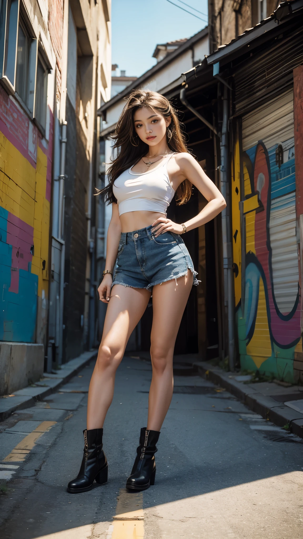 8k, best quality, highres, realistic, real person, A vibrant image of a hip hop dancer performing on a street, capturing the essence of street-style hip hop. The dancer should be in a dynamic pose, showcasing fluid and powerful dance moves. The background should be an urban street scene, with graffiti, street art, and urban architecture, emphasizing the grassroots and authentic nature of street hip hop, Big breasts, cleavage, beautiful legs, long beautiful legs, Graphic tank top, denim skirt, cowboy boots