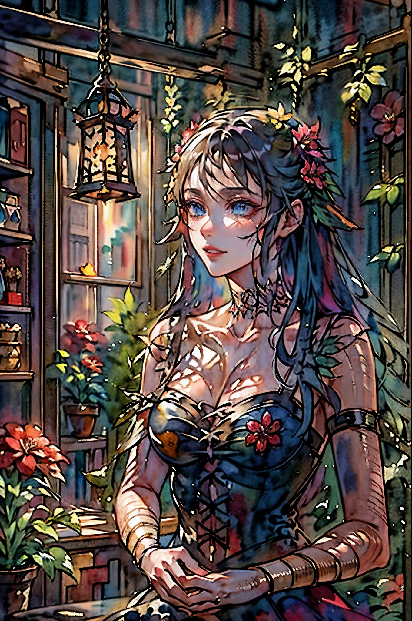 ( water color art: 1.5) Watercolor Artwork, high details, best quality, 16k, RAW, [best detailed], masterpiece, best quality, (extremely detailed), full body, ultra wide shot, photorealistic, dark fantasy art, goth art, RPG art, D&D art, a picture of a dark female fairy showing flowers in a florist shop, extremely beautifil fairy, ultra feminine (intense details, Masterpiece, best quality), best detailed face (intense details, Masterpiece, best quality), having wide butterfly wings, spread buterfly wings (intense details, Masterpiece, best quality), dark colors wings (intense details, Masterpiece, best quality), black hair, long hair, shinning hair, flowing hair, shy smile, innocent smile, blue eyes, dark red lips, wearing red skirt, dynamic elegant shirt, chocker, wearing high heels, in flower shop (intense details, Masterpiece, best quality), [extreme many flowers] (intense details, Masterpiece, best quality), dark colorful flowers (intense details, Masterpiece, best quality), flower shop in a dark goth era street background, High Detail, Ultra High Quality, High Resolution, 16K Resolution, Ultra HD Pictures, 3D rendering Ultra Realistic, Clear Details, Realistic Detail, Ultra High Definition