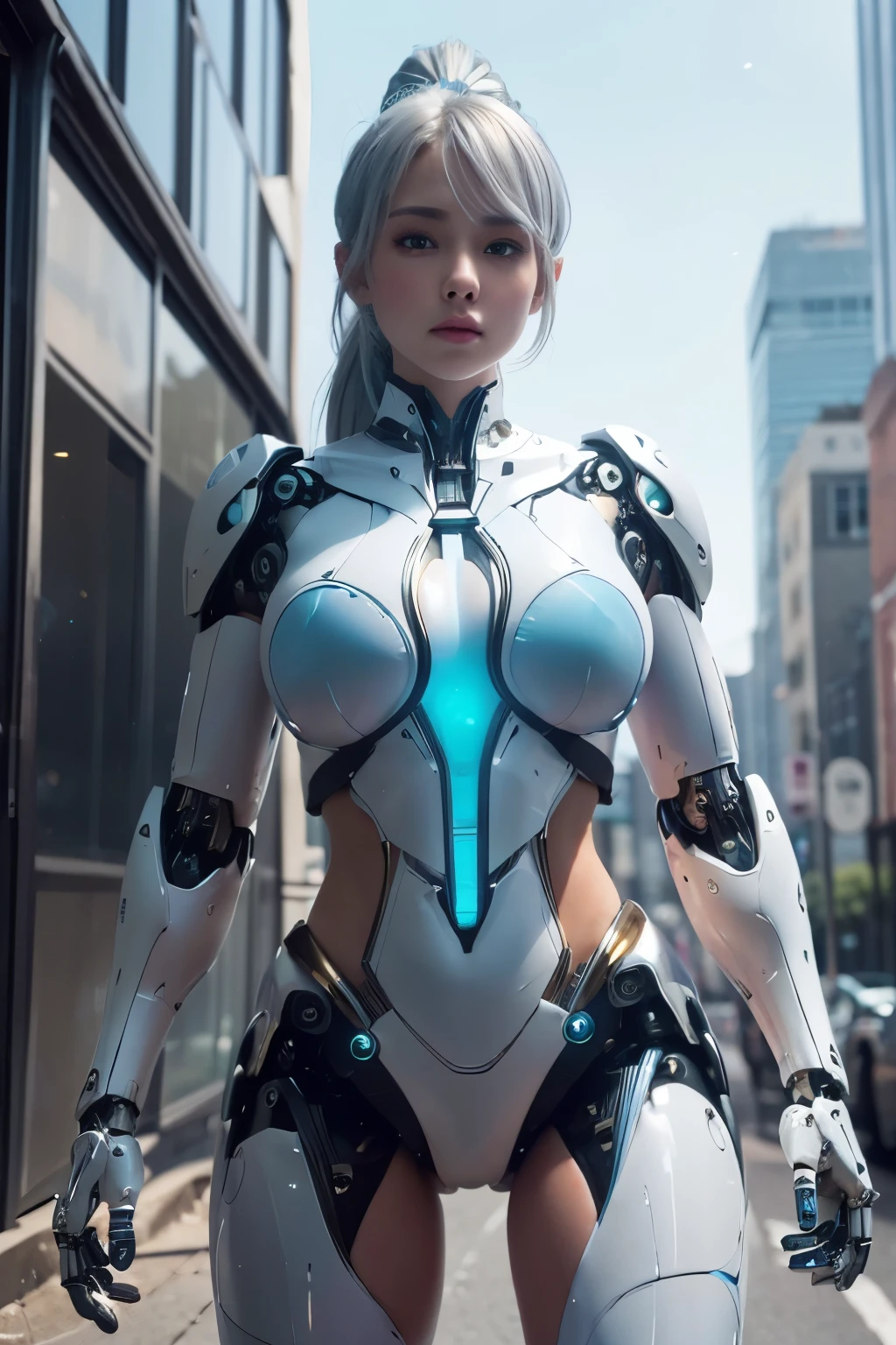 (((Best quality)), ((masterpiece)), (highly detailed:1.3), 3D, beautiful, reality, HDR (High Dynamic Range), Ray Tracing, NVIDIA RTX, Super Resolution, Maximum Clarity and Clarity(Intelligent Bionic Robot, girl robot, silver hair, ponytail hair, huge breasts, curvy body, leg mechanisms, mechanical hands, muscular stomach, (completely nude), multi color neon light in armor, beautiful face young girl, Heterochromia pupils yellow and blue, showing smooth skin, squad open legs pose, the orbs on the armor emit blue light, blue light , (broke city background))