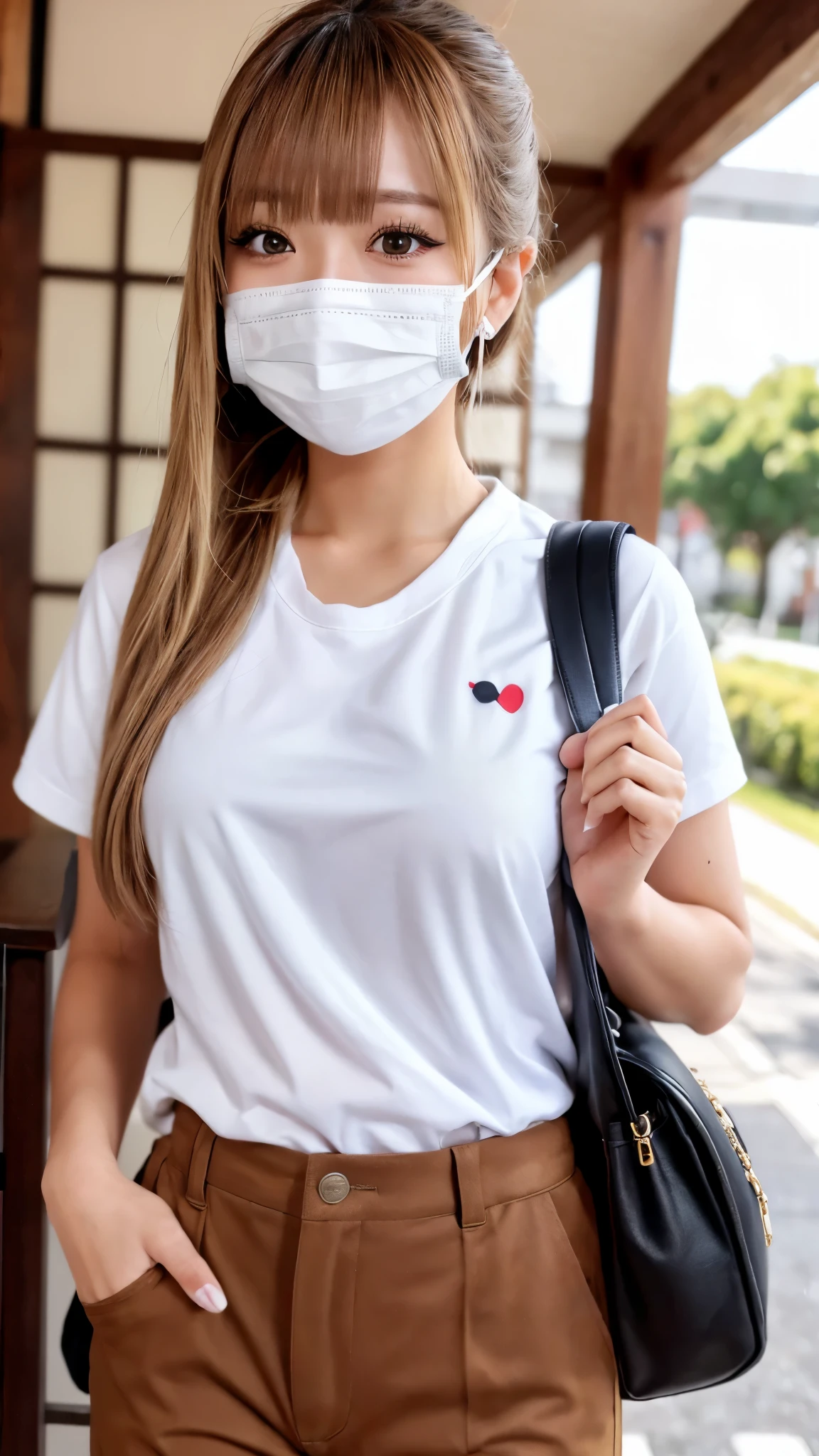 looking at the camera、((smile1.6⦆4K、RAW photo、photorealistic stick、High resolution、Cute 18 year old woman in Japan , face like an idol、dark eyeliner、⦅Tanned skin 1.6⦆bright blonde、ponytail、With bangs、 solo、Cute Real Photo Girl、、polo shirt、brown chino pants style、Nursing homes、Wearing a mask