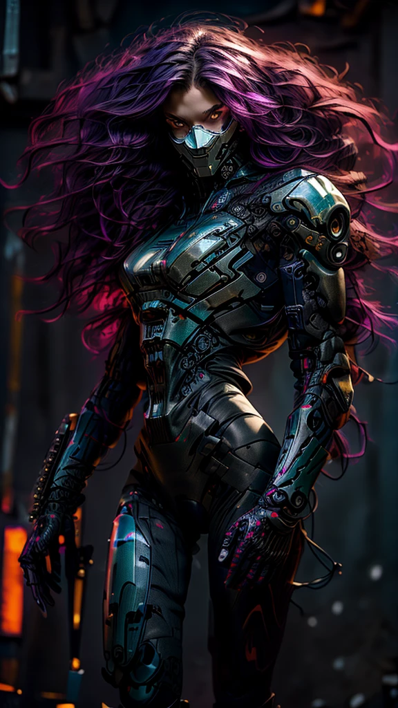 Realistic, perfect masterpiece, high quality, high resolution, highest image quality, 8k hd
1girl,
Long dark purple hair, yellow eyes, glowing eyes, Cybernetic suit, mecha long skirt, armored dress, masks, Wild full-coverage helmets
Night, flowers, sun, sunlight,
Highly detailed background