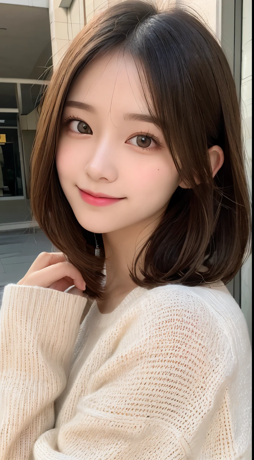 High resolution, highest quality, perfect dynamic composition, beautiful and fine eyes, knit、one piece、shining hair、medium hair, natural color lip, university student、slight smile、full body esbian、1 woman、