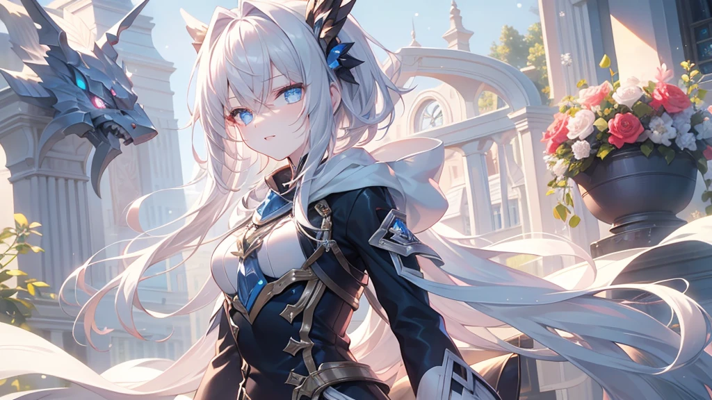 super high quality, with a girl, 20-year-old, very short hair, long bangs between the eyes, pale blue eyes , blue sky, sunlight, very detailed,(masterpiece、highest quality)、alone、gray hair、laughter、White skin as clear as snow、fantasy, silver hair, black eye, beautiful eyes,, ecstasy, charm, be smitten with audience, landscape shorts、white hoodie、Hoodie with open front、black shirt、fountain in the forest、flower garden