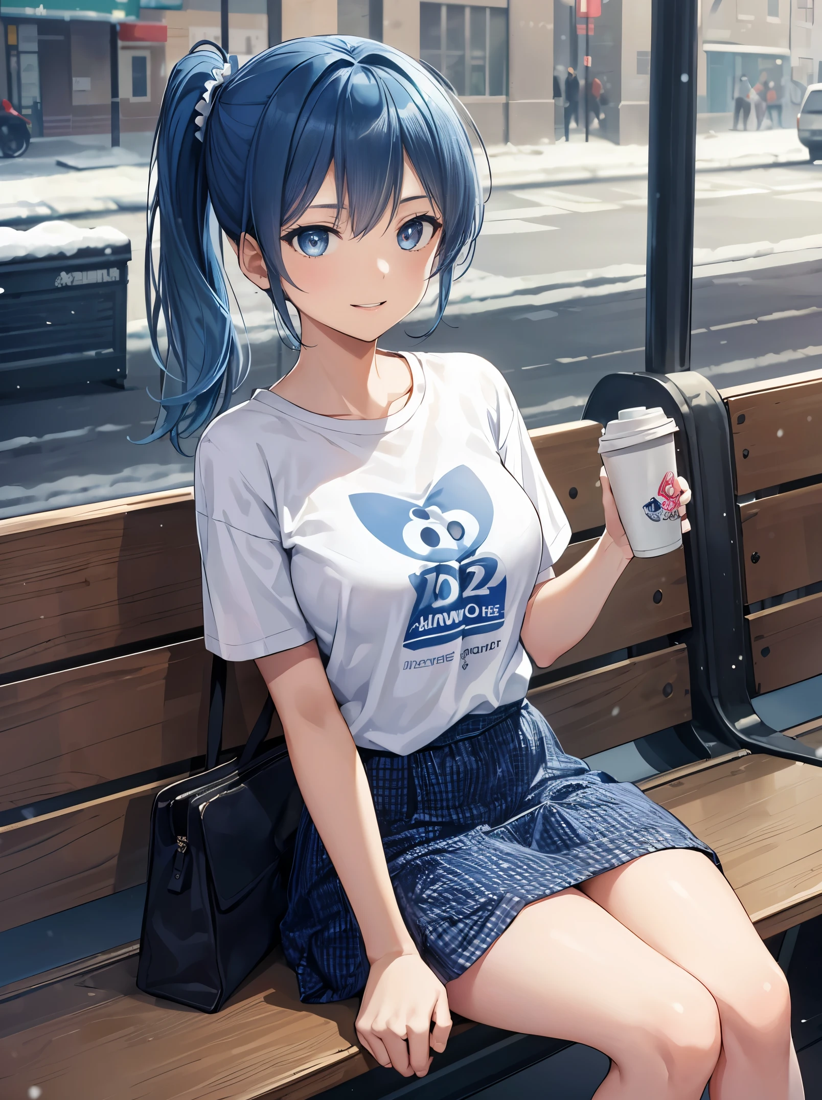 masterpiece:1.2, best quality, ((ultra detailed)), high resolution, 2d, anime style , photo, photography, detailed background, ((dark blue hair,side ponytail,light blue hair inner color,medium breasts)) BREAK solo,(droopy eyes:1.3),20 years old, (,tall face, tall female)), ((blue eyes;1.2 )), BREAK walking,NewYork,subway, dot pattern skirt,t-shirt,short sleeve,smile,subway platform,sitting on bench,(snow),(hot coffee)