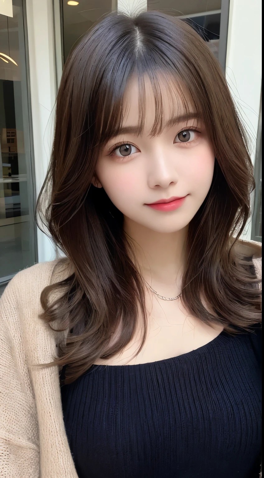 High resolution, highest quality, perfect dynamic composition, beautiful and detailed eyes, Black knitwear、one piece、shining hair、medium hair, natural color lip, university student、slight smile、Full body Esbian、1 female、