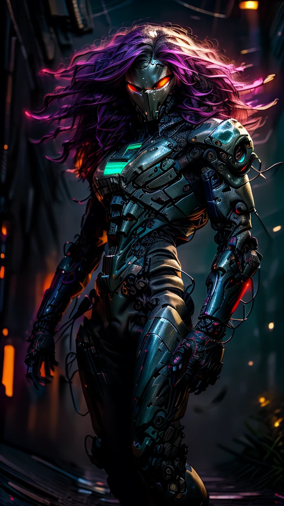 Realistic, perfect masterpiece, high quality, high resolution, highest image quality, 8k hd
1boy, 
Long dark purple hair, yellow eyes, glowing eyes, Cybernetic suit, mecha long skirt, armored dress, masks, Wild full-coverage helmets
Night, flowers, sun, sunlight, 
Highly detailed background