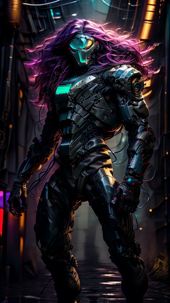 Realistic, perfect masterpiece, high quality, high resolution, highest image quality, 8k hd
1boy,
Long dark purple hair, yellow eyes, glowing eyes, Cybernetic suit, mecha long skirt, armored dress, masks, Wild full-coverage helmets
Night, flowers, sun, sunlight,
Highly detailed background