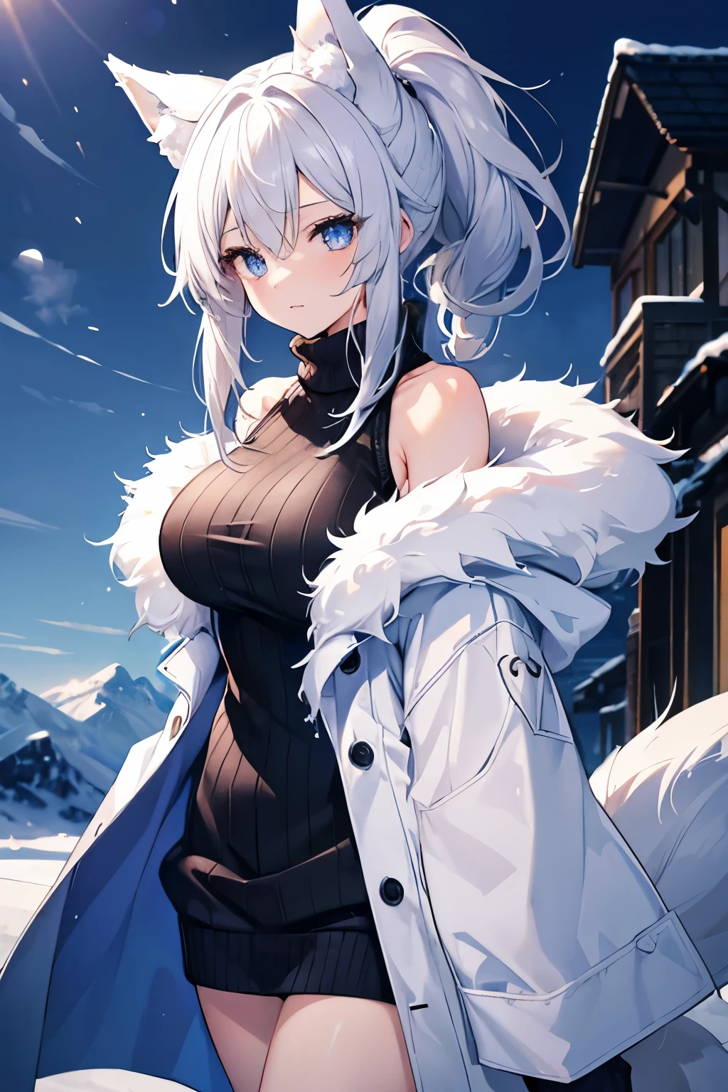 4K,High resolution,one woman,silver hair,short ponytail,wolf ears,wolf tail,blue eyes,big breasts,tits,snow mountain,coat,show your shoulders,fur,sweater,