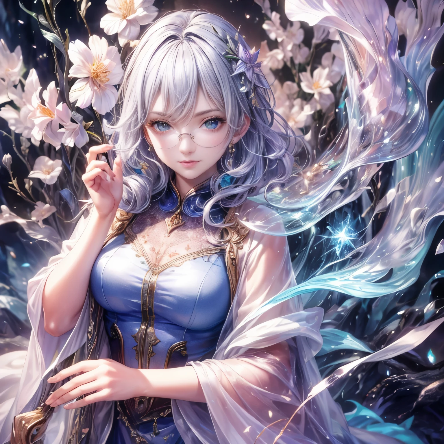(highest quality:1.4),(masterpiece:1.4),super detailed,8K,cg,exquisite,Upper body,Lonely,thumb girl,green eyes, light purple hair, Little Princess,flowing coat dress,garden background,detailed facial features,long curly hair,Almond Eyes,Delicate eye makeup,long fluttering eyelashes,Sparkling starry eyes,and a starry gaze, intricate lip details,soft and harmonious style., Glasses