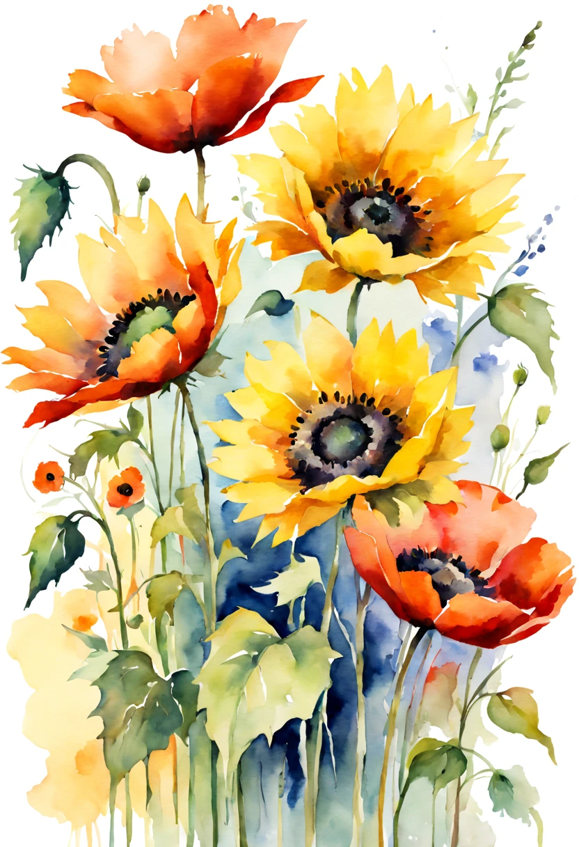 masterpiece, best quality, loose watercolor, sunflowers, poppies, soft strokes, bright colors, clean background, high resolution
